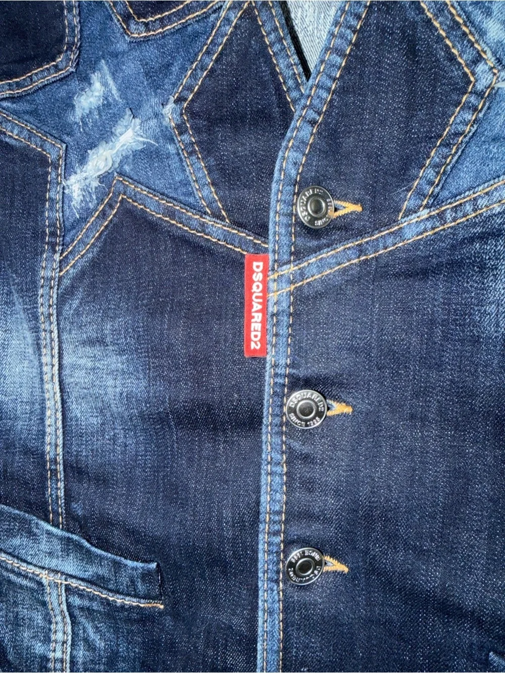 DSQUARED2 Dark Blue Distressed Denim Vest with Star Appliqués